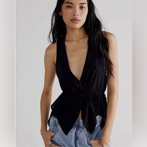 Free People Black Sheena Vest Black Tie-Waist Button Front V-Neck Shark Hem